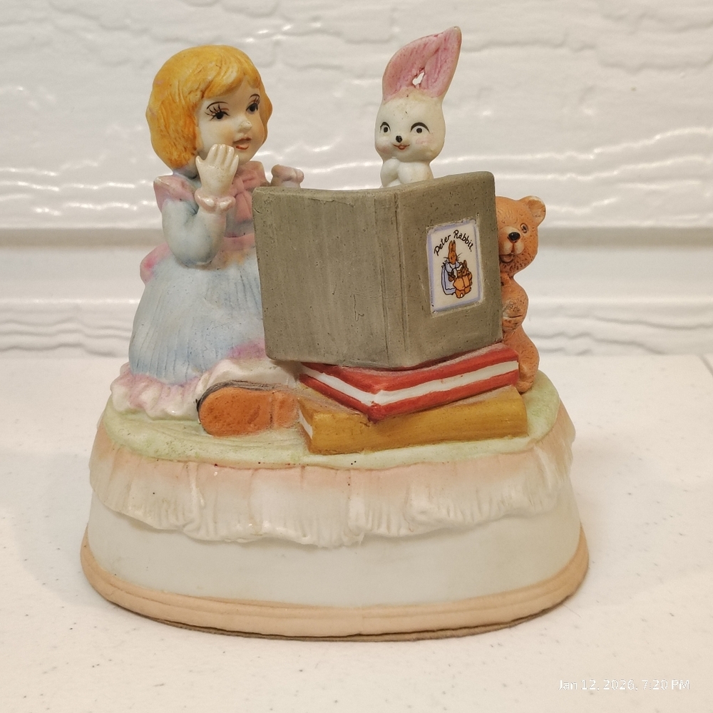 Vintage Ceramic Peter Rabbit Music Box with animated rabbit by Price Products